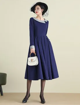 Midi Dress, Wool Dress, A-Line Wool Dress, NavyBlue Dress, Pleated Dress, Women Winter Dress,Swing Dress - Aliexpress - FashionsVida