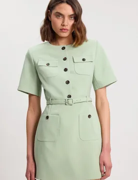 Womens Compact Stretch Button Detail Mini Dress - Green - Size 16 Uk - Karen millen - FashionsVida