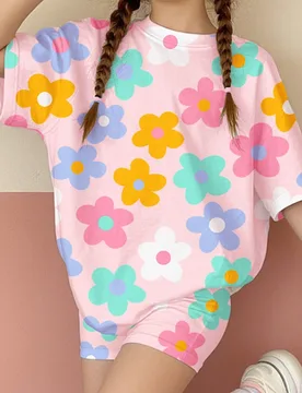Set de 2 piezas para niñas preadolescentes compuesto por camiseta de manga corta holgada con diseño gráfico de flor de dopamina y short, estilo cas - Shein - FashionsVida