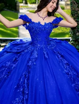 Shiny Royal Blue Quinceanera Dress off-shoulder Glitter 3D Flower Decal LaceLong tail Bow vestidos de 15 Quinceanera ﻿Customize - Aliexpress - FashionsVida