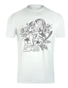 Mens Tiger Floral Logo White T-Shirt Cotton - Size X-Large - Cavalli Class - FashionsVida