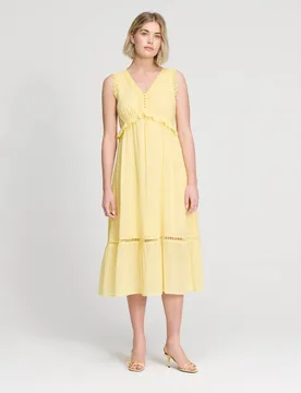 Pure Cotton V-Neck Midi Tiered Dress Yellow female - Finery London - FashionsVida