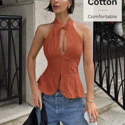 Top ajustado sin mangas de mujer con escote de lazo y recortes S