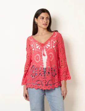 Long-Sleeved Crochet Cardigan - M/L / CORAL - female - Blue Vanilla - FashionsVida