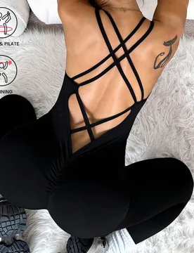 Pieza Mono sin costuras con escote en V profundo y espalda cruzada sexy para mujer talla grande, para correr, fitness, yoga, baile, ejercicio - Shein - FashionsVida