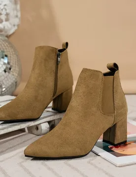 Pointed Toe Chelsea Ankle Boots 7cm Block Heel Elastic Gore Side Slip on Pull Tab Suede Upper Women Party Office Dress Booties - Aliexpress - FashionsVida