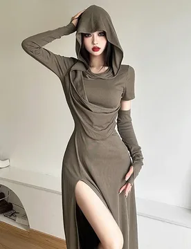 New Women Y2k Aesthetic Solid Sexy Long Dresses Slim Waist Tunic Hooded Dress Fashion Elegant Split Vestido De Mujer - Aliexpress - FashionsVida