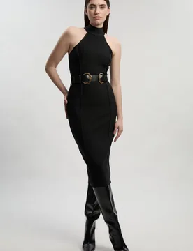 Womens Petite Bandage High Neck Buckle Trim Midi Dress - Black - Size 14 Uk - Karen millen - FashionsVida