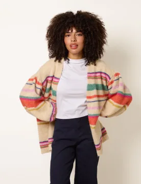 Multi Coloured Stripe Cardigan - M/L / BEIGE - female - Blue Vanilla - FashionsVida