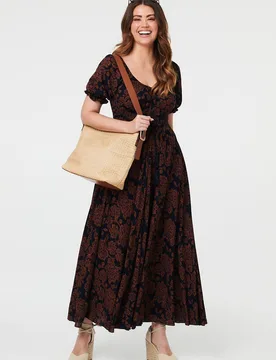 Women's Paisley Short Puff Sleeve Maxi Dress in Black Size: 12 - Black - Size: 12 - Izabel London - FashionsVida