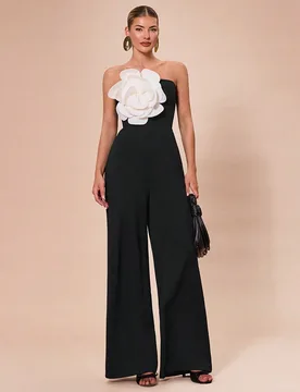 Mono ajustado sin tirantes de color negro sólido y blanco y negro con decoración floral 3D, elegante para cócteles, citas románticas, capa base de - Shein - FashionsVida