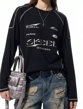 Reflective Street Racing Print Color‑block Long‑sleeve Top Autumn Latest Goods American Sporty Relaxed Concert Tee Unisex - Aliexpress - FashionsVida
