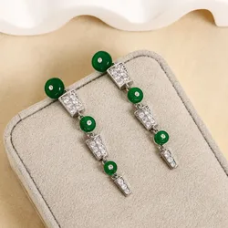 Silver Tone Green Disc & Rhinestone Tassel Drop Earrings, Elegant Long Dangle Earrings for Women Daily Party Jewelry