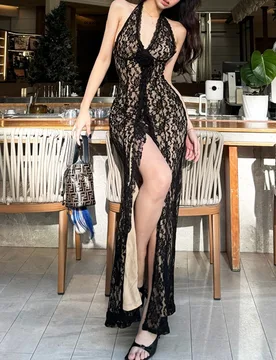 Solid Long Dress For Women Clothing V-neck Vestidos De Mujer Backless One Piece Sexy Streetwear Neck-mounted Robe Longue Femme - Aliexpress - FashionsVida