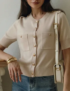 Top de manga corta de punto para mujer en otoño, elegante cárdigan de unicolor con cuello redondo, atuendo para el día a día y el trabajo, atuendo - Shein - FashionsVida
