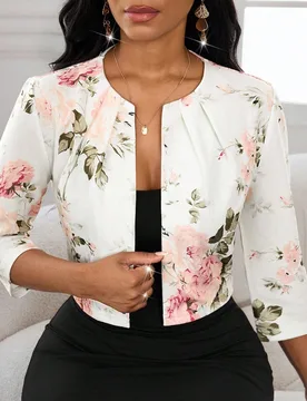 Chaqueta de traje fina para mujer, adecuada para todas las estaciones, casual de negocios, elegante, con estampado floral, para oficina, uso diario y - Shein - FashionsVida