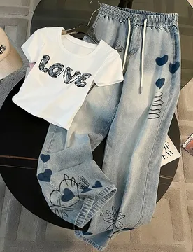 Camiseta de manga raglán de cuello redondo a juego + Pantalones rectos con bolsillos laterales S - Shein - FashionsVida