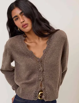 Wool Blend Embellished V-Neck Cardigan Brown female - Nobody's Child - FashionsVida