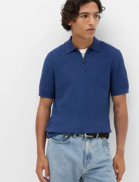Cotton Blend Ribbed Zip Up Polo Shirt Dark Marine male - M&S - FashionsVida