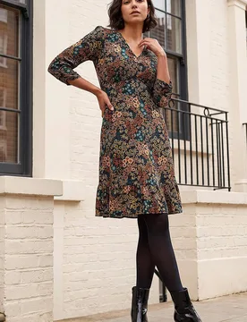 Women's Floral Print V-Neck Stretch Dress in Teal Size: 18 - Teal - Size: 18 - Roman - FashionsVida