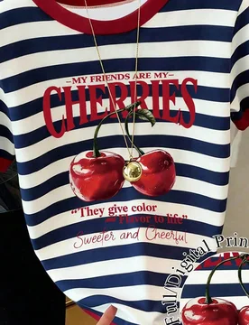 Camiseta de manga corta con cuello redondo, estampado de cerezas y rayas de colores, estilo vintage y casual, cómoda para el verano y otoño, adecuad - Shein - FashionsVida