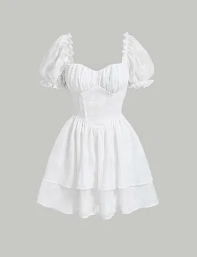 Vestido corto holgado de verano, estilo campesino, con busto fruncido, mangas abultadas, dos capas en el bajo, de color blanco. Vestido corto elegante - Shein - FashionsVida