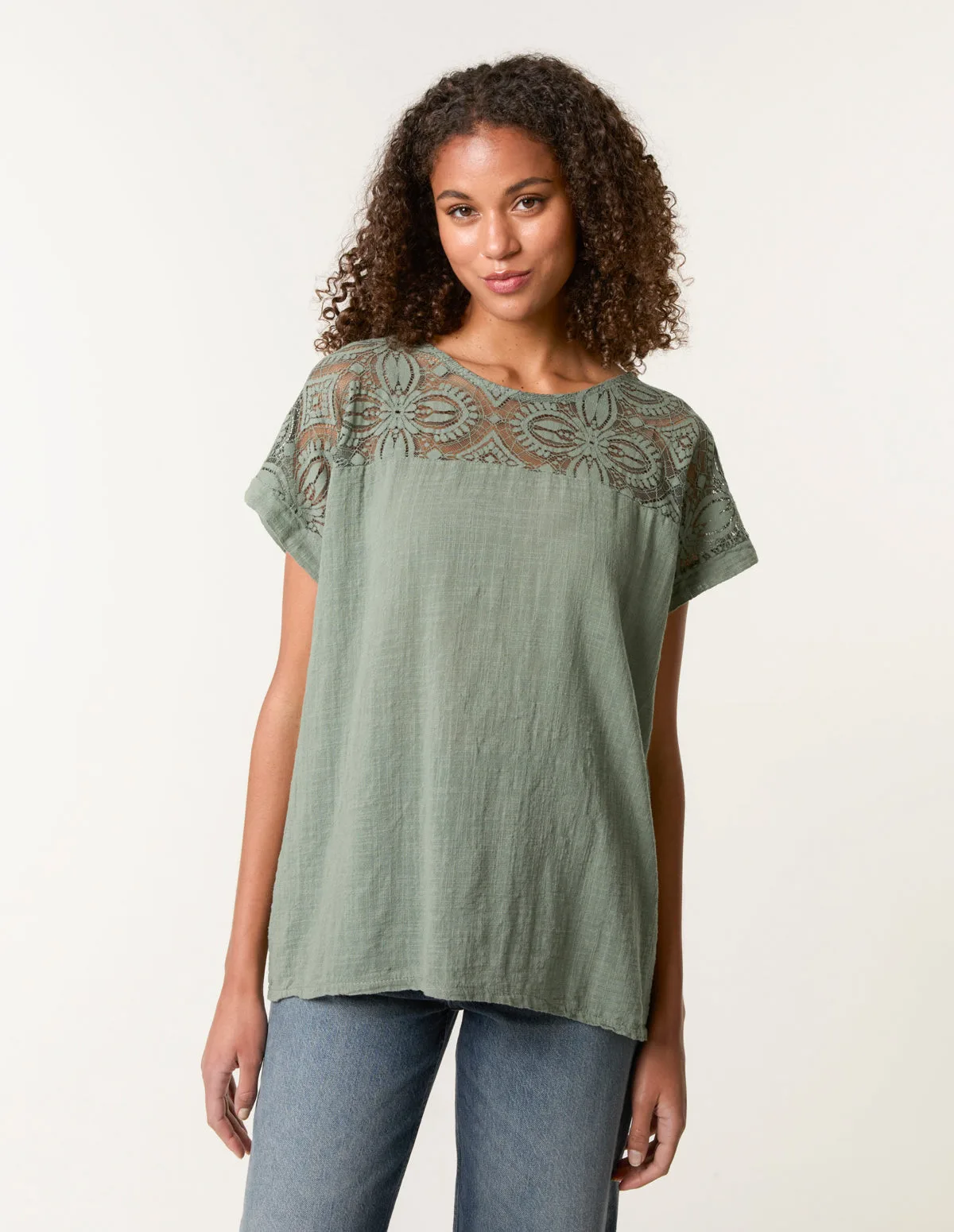 Lace Pattern Cotton Top - S / KHAKI - female - Blue Vanilla - FashionsVida
