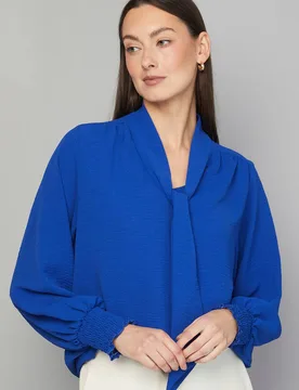 Women's Tie Neck Shirred Cuff Top in Cobalt Size: 10 - Cobalt - Size: 10 - Wallis - FashionsVida