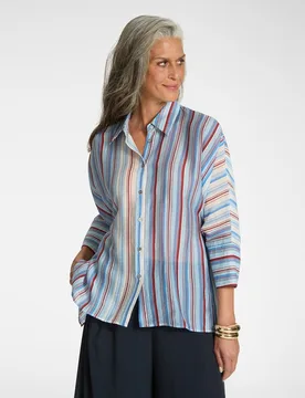 Camisa de mujer amplia de mezcla de liocel a rayas cierre con botones cordones en la cintura para ajustar el calce - Elena Miró - FashionsVida