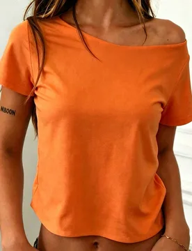 Camiseta sexy de mujer con hombros asimétricos, manga corta y corta S - Shein - FashionsVida