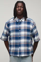 Mens Oversized Boxy Half Sleeve Washed Varsity Check Shirt - Navy - Size Large