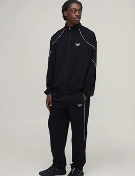 Mens Regular Fit Technical Contrast Piping Track Jacket & Jogger Set - Black - boohooMAN - FashionsVida