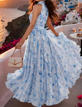 Vestido largo de verano para mujer, azul, elegante, sin mangas, cuello halter, cintura ceñida, volantes, estampado floral, falda completa, romántico - Shein - FashionsVida