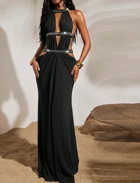 Vestido de punto de unicolor con malla calada y espalda descubierta para mujer, adecuado para vacaciones de primavera/verano L - Shein - FashionsVida