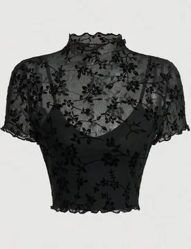 Top Con Malla Floral Transparente Y Borde De Lechuga Para Citas Nocturnas De Verano En Color Negro XS - Shein - FashionsVida