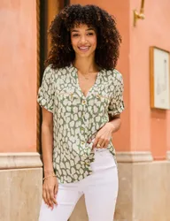 Printed V-Neck Button Front Tunic Top Khaki Mix female