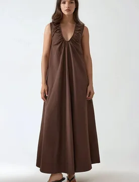 Womens Maxi Dress With U Collar - Mocha - Hiccup - FashionsVida