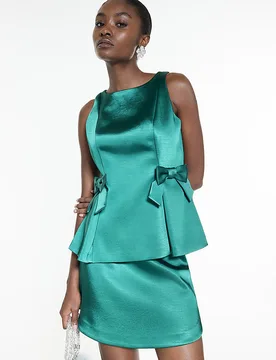 Womens Peplum Top Green Satin Sleeveless Bow - Dark Green - Size 12 Uk - River Island - FashionsVida