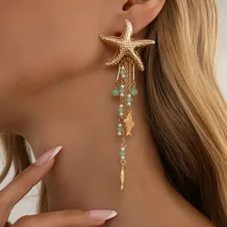 Women Modern Starfish Tassel Earrings Gold Tone With Green Bead & Fish Charms Trendy Vacation Accessories