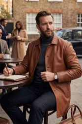 Mens Tan Long Collared Car Coat Jacket - Crest Lamb Leather - Size 4xl