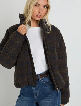 Womens Check Puffer Jacket - Brown - Size 14 Uk - Boohoo - FashionsVida
