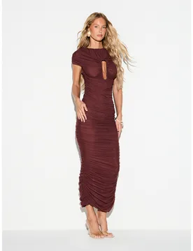 Vestido Midaxi Ajustado de Malla Fruncida con Manga Corta, Cuello Alto y Detalle de Abertura en Forma de Cerradura para Fiesta y Noche XS - Shein - FashionsVida