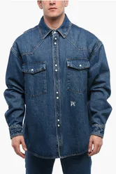 Mens Dark Washed Denim Jacket With Embossed Monogram In Blue Cotton - Size Medium