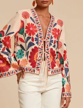 Blusa suelta de manga larga con estampado de vacaciones para mujer, tejido con estampado gráfico, casual para vacaciones de verano, bohemia de playa, - Shein - FashionsVida