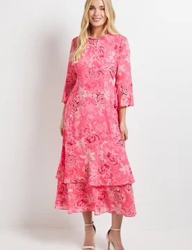 Women's Petite Floral Neck Trim Ruffle Midi Dress in Pink Size: 12 - Pink - Size: 12 - Wallis - FashionsVida