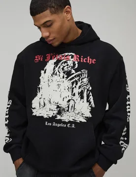 Herren Oversized Gothic Gewaschener Bedruckter Hoodie Sweatshirt Washed Black Größe Medium - boohooMAN - FashionsVida