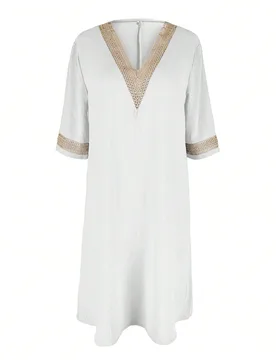 Vestido casual elegante de mujer con cuello en V de encaje y manga corta para primavera/verano, el color blanco es relativamente transparente XL - Shein - FashionsVida