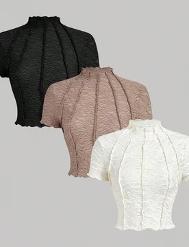 Piezas Camiseta de manga corta ajustada de punto con cuello alto en negro/blanco/marrón, adecuada para el verano L - Shein - FashionsVida