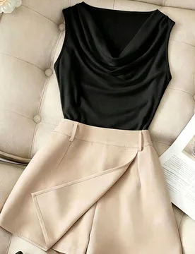 Conjunto de 2 piezas para mujer con camiseta sin mangas de cuello en pico ajustada de color marrón y falda pantalón de oficina de color albaricoque - Shein - FashionsVida