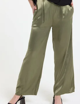 Women's Olive Satin Wide Leg Trousers in Khaki Size: 20 - Khaki - Size: 20 - Liquorish - FashionsVida